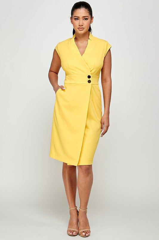 Sleeveless Surplice V Neck Faux Wrap Dress