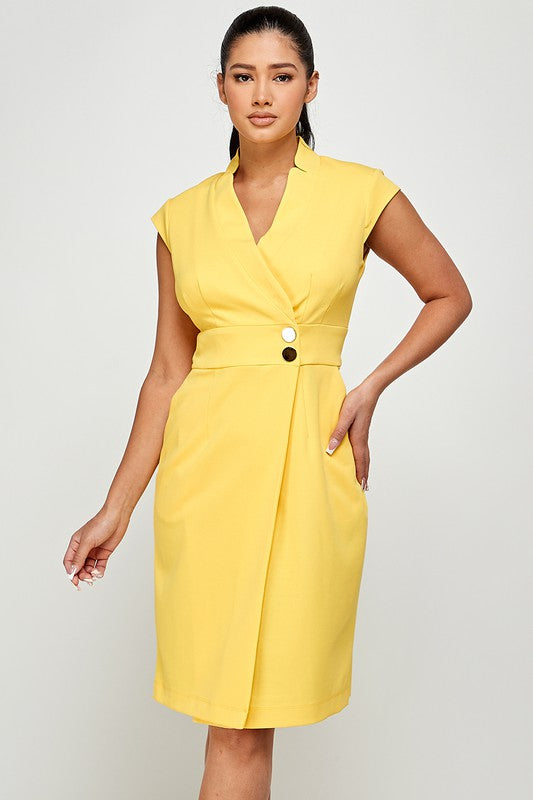Sleeveless Surplice V Neck Faux Wrap Dress