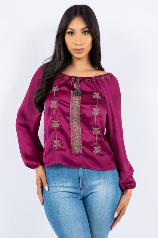 satin blouse with embroidery