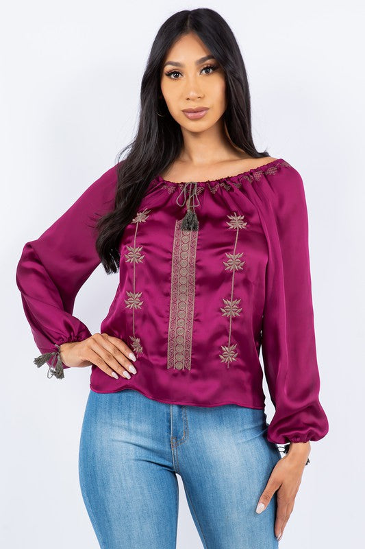 satin blouse with embroidery
