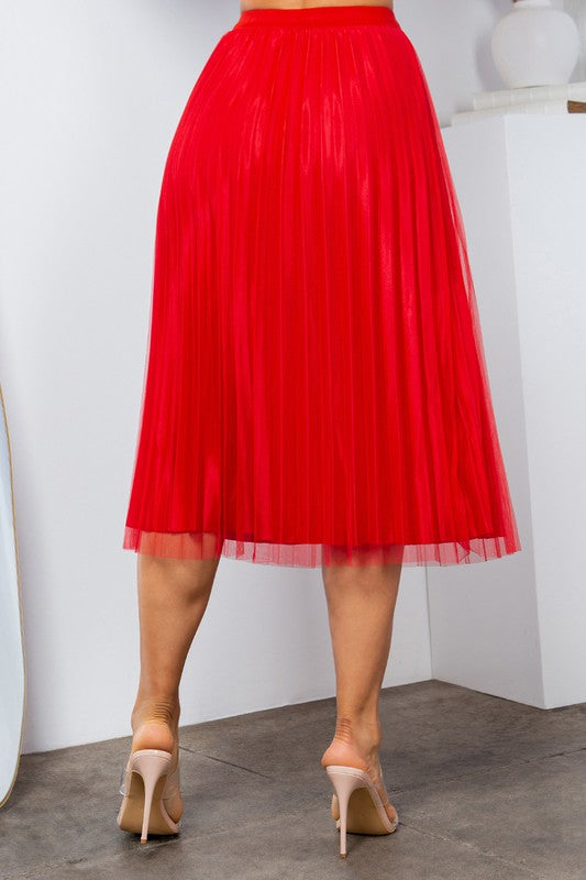 SOLID PLEATED LONG SKIRT W/MESH OUTLAYER