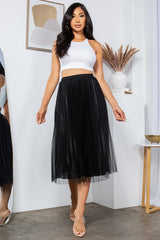 SOLID PLEATED LONG SKIRT W/MESH OUTLAYER