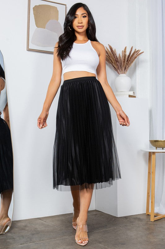 SOLID PLEATED LONG SKIRT W/MESH OUTLAYER
