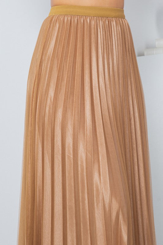 SOLID PLEATED LONG SKIRT W/MESH OUTLAYER