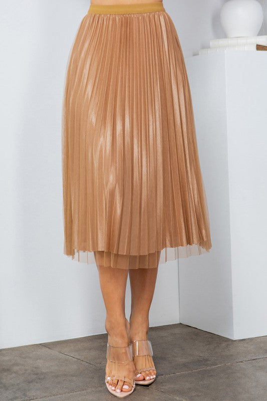 SOLID PLEATED LONG SKIRT W/MESH OUTLAYER