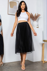 SOLID PLEATED LONG SKIRT W/MESH OUTLAYER