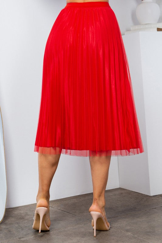 SOLID PLEATED LONG SKIRT W/MESH OUTLAYER