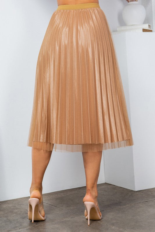 SOLID PLEATED LONG SKIRT W/MESH OUTLAYER