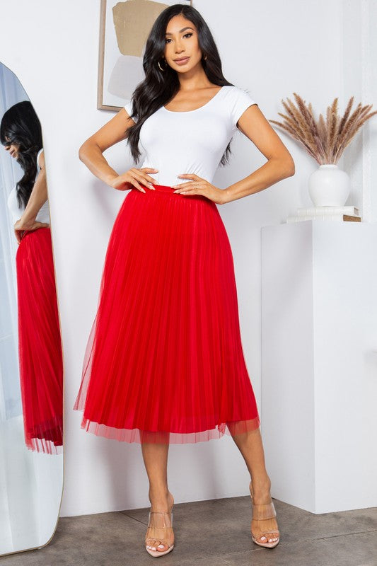 SOLID PLEATED LONG SKIRT W/MESH OUTLAYER
