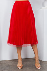 SOLID PLEATED LONG SKIRT W/MESH OUTLAYER