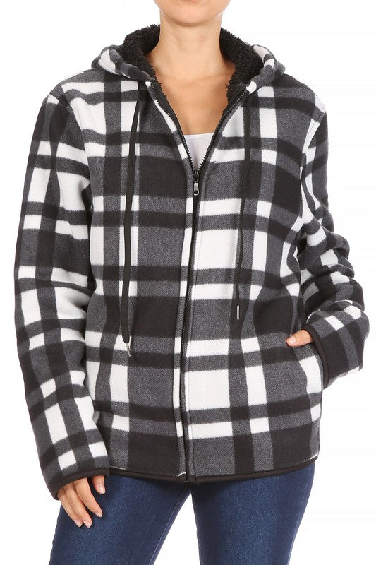 SHERPA LINED PLAID HOODED ZIP-UP JACKET