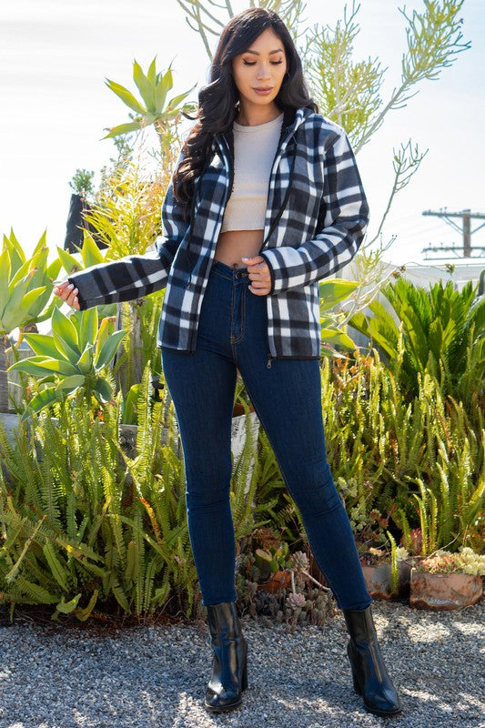 SHERPA LINED PLAID HOODED ZIP-UP JACKET