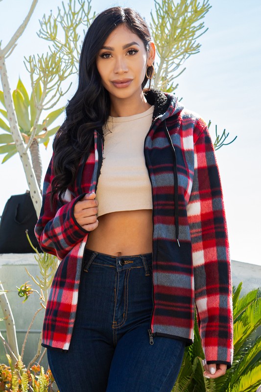 SHERPA LINED PLAID HOODED ZIP-UP JACKET