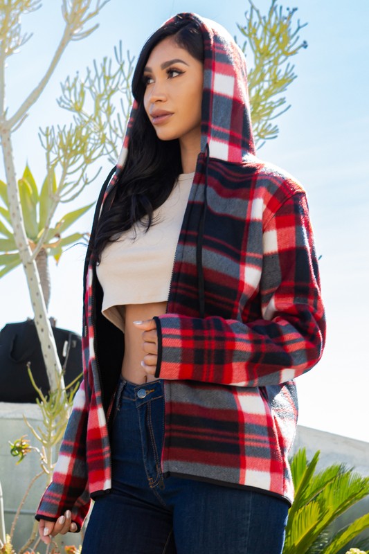 SHERPA LINED PLAID HOODED ZIP-UP JACKET
