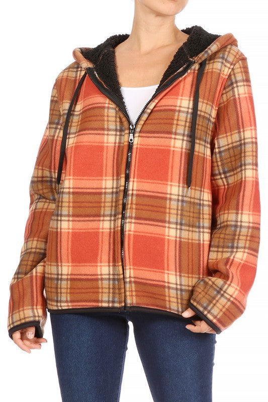 SHERPA LINED PLAID HOODED ZIP-UP JACKET