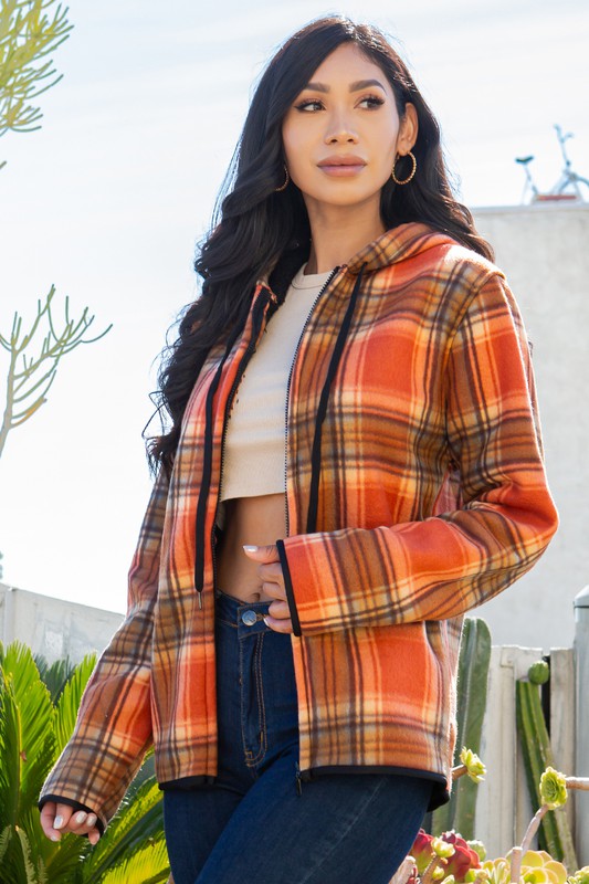 SHERPA LINED PLAID HOODED ZIP-UP JACKET