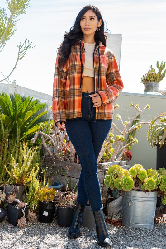 SHERPA LINED PLAID HOODED ZIP-UP JACKET