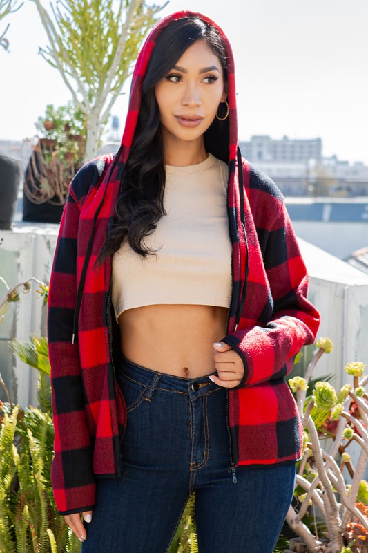 SHERPA LINED PLAID HOODED ZIP-UP JACKET