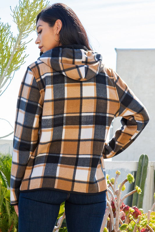 SHERPA LINED PLAID HOODED ZIP-UP JACKET