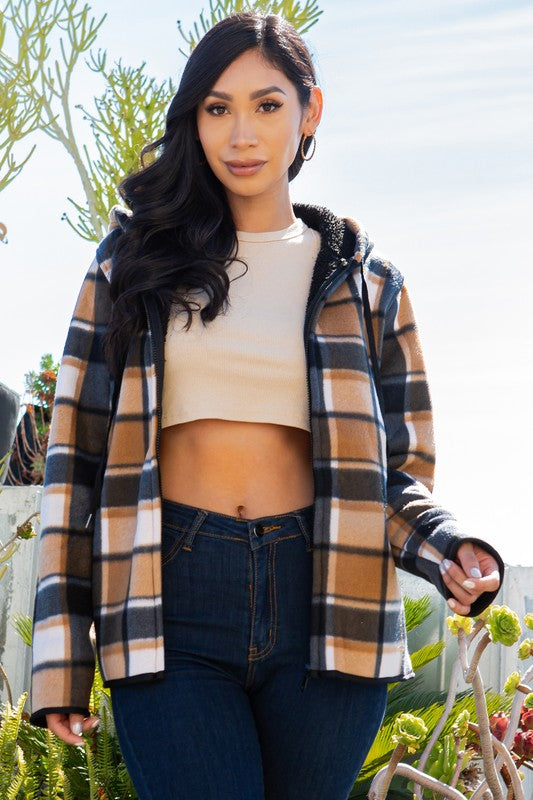 SHERPA LINED PLAID HOODED ZIP-UP JACKET
