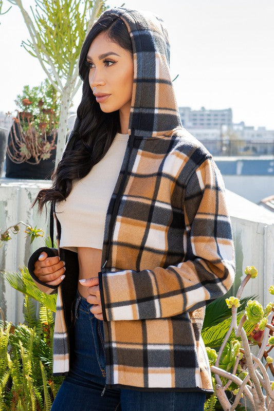 SHERPA LINED PLAID HOODED ZIP-UP JACKET
