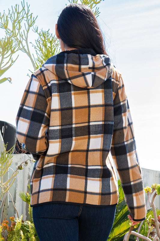 SHERPA LINED PLAID HOODED ZIP-UP JACKET