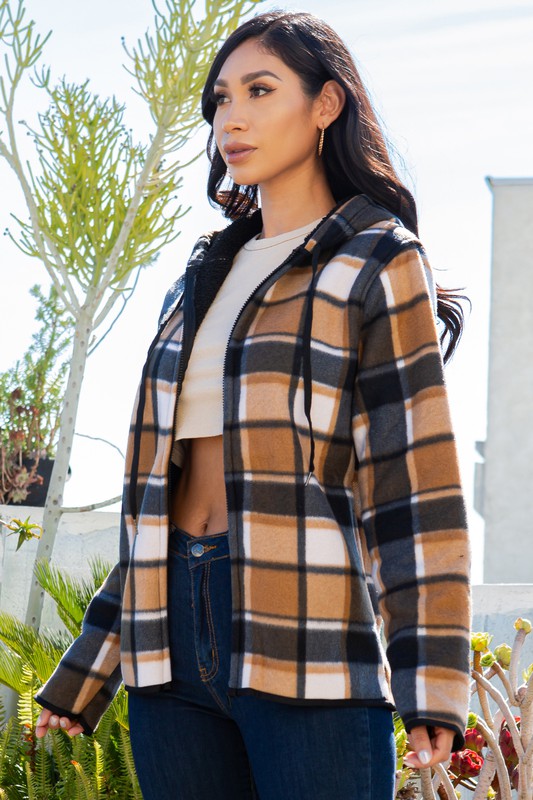 SHERPA LINED PLAID HOODED ZIP-UP JACKET
