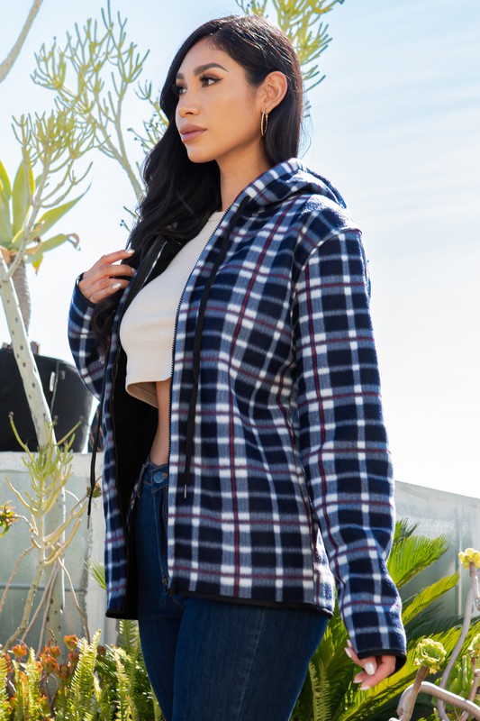 SHERPA LINED PLAID HOODED ZIP-UP JACKET