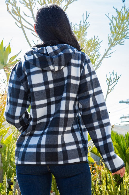 SHERPA LINED PLAID HOODED ZIP-UP JACKET