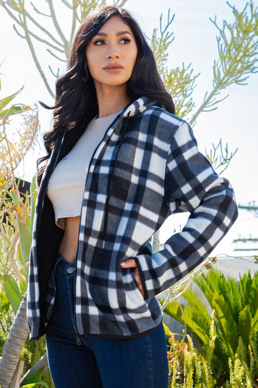 SHERPA LINED PLAID HOODED ZIP-UP JACKET