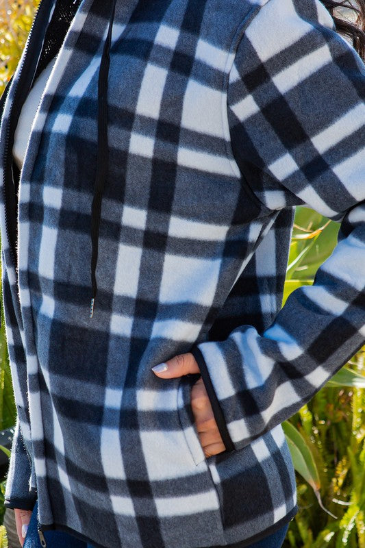 SHERPA LINED PLAID HOODED ZIP-UP JACKET