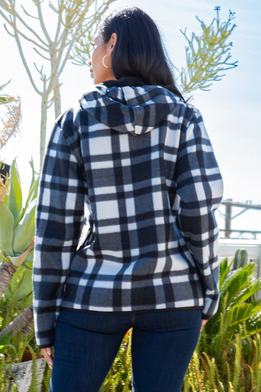 SHERPA LINED PLAID HOODED ZIP-UP JACKET