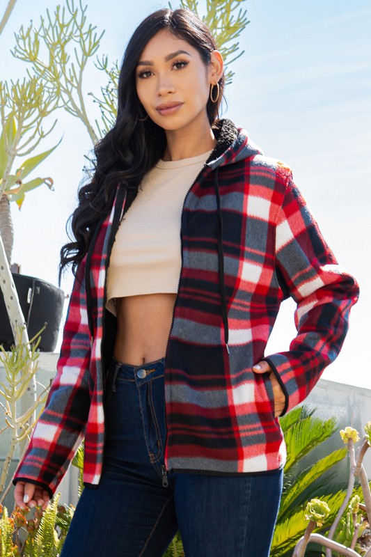 SHERPA LINED PLAID HOODED ZIP-UP JACKET