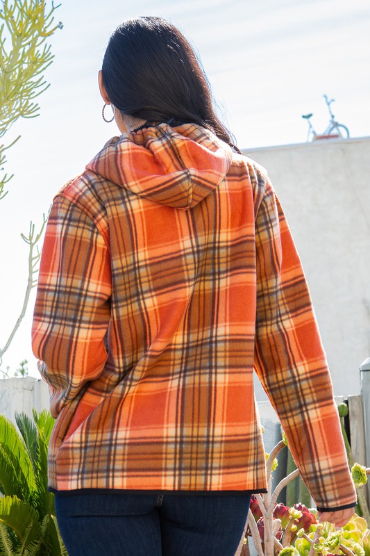 SHERPA LINED PLAID HOODED ZIP-UP JACKET