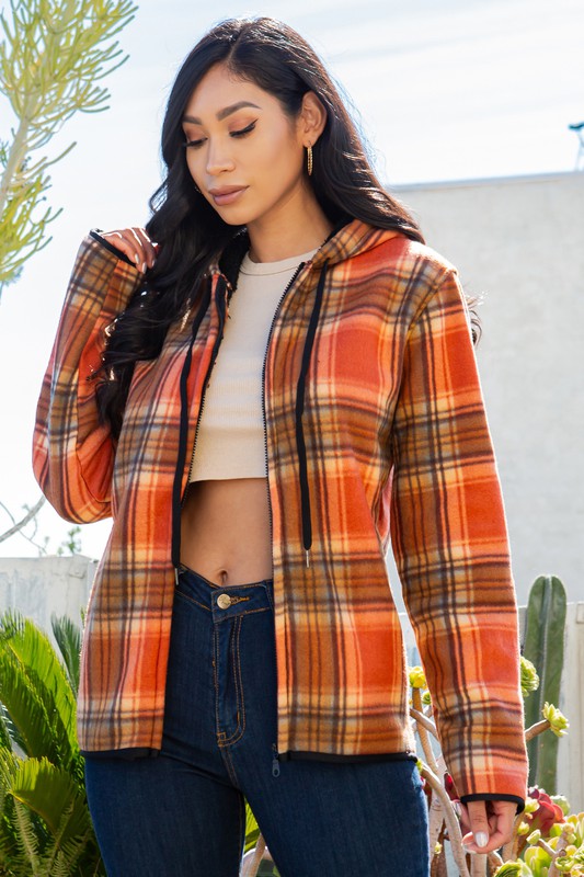 SHERPA LINED PLAID HOODED ZIP-UP JACKET
