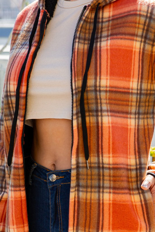 SHERPA LINED PLAID HOODED ZIP-UP JACKET