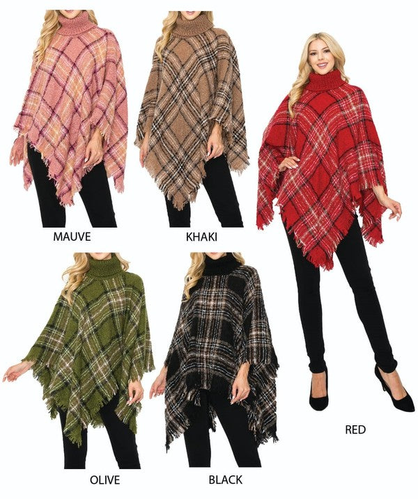 BOUCLE PLAID TURTLE NECK PONCHO