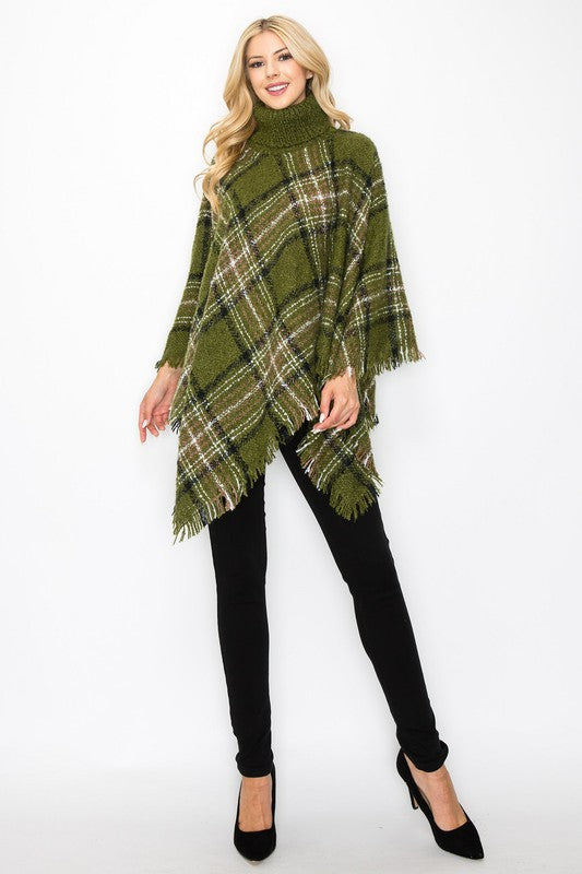 BOUCLE PLAID TURTLE NECK PONCHO