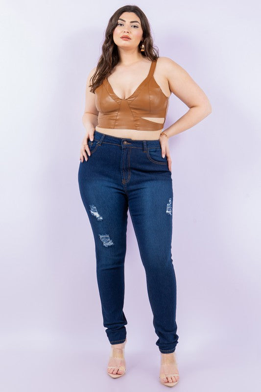 PLUS SIZE RIPPED DARK BLUE SLIM FIT DENIM JEANS