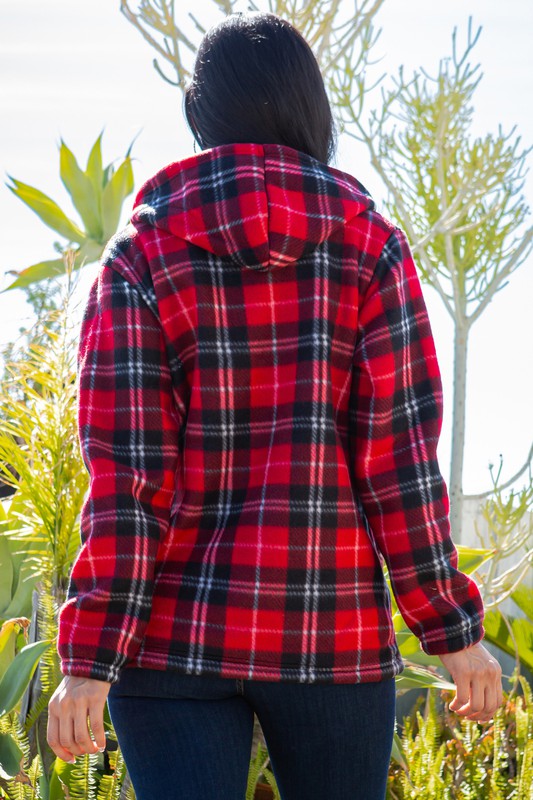 SHERPA LINED PLAID HOODED ZIP-UP JACKET