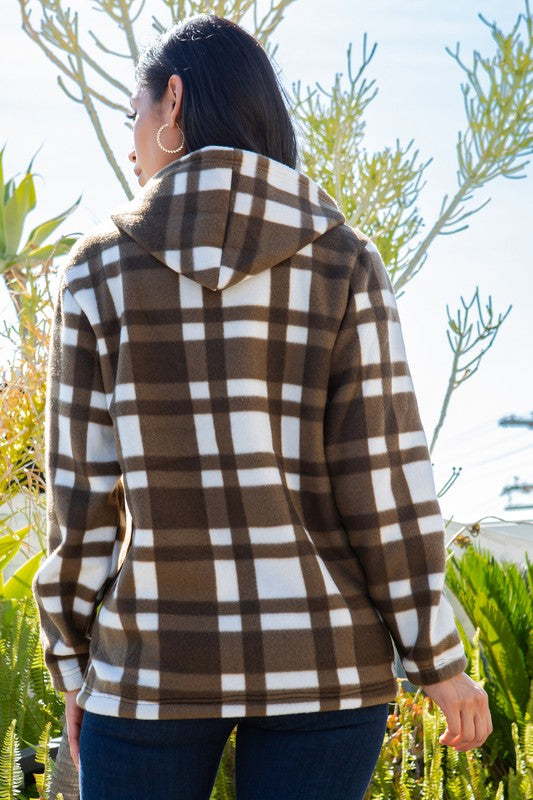 SHERPA LINED PLAID HOODED ZIP-UP JACKET