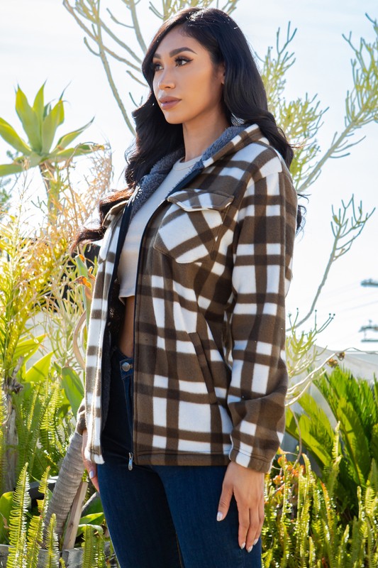 SHERPA LINED PLAID HOODED ZIP-UP JACKET