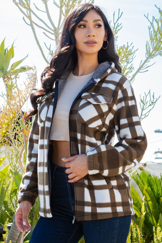 SHERPA LINED PLAID HOODED ZIP-UP JACKET