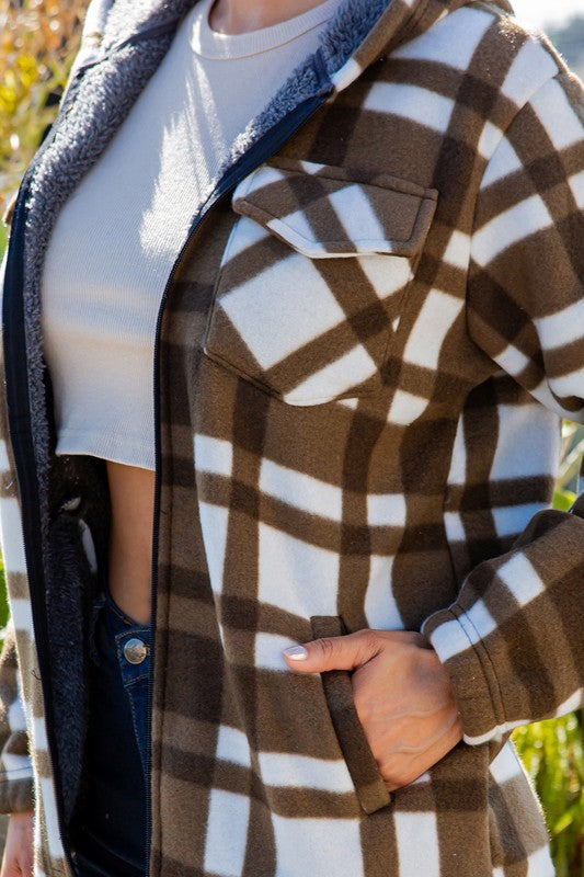SHERPA LINED PLAID HOODED ZIP-UP JACKET