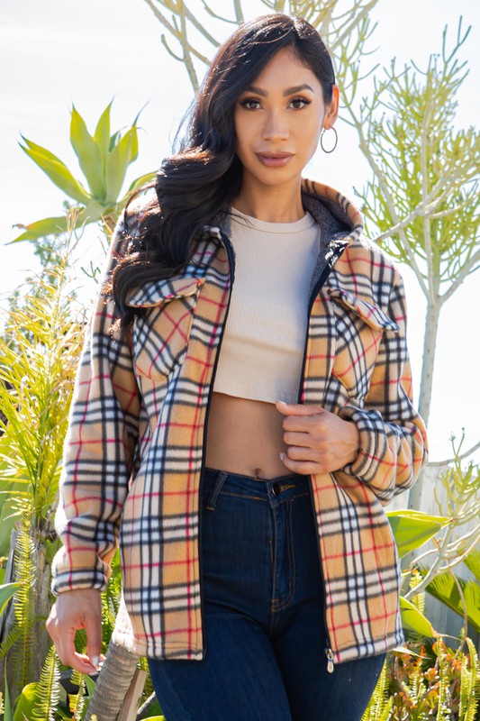 SHERPA LINED PLAID HOODED ZIP-UP JACKET