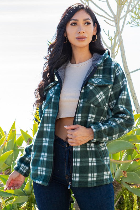 SHERPA LINED PLAID HOODED ZIP-UP JACKET