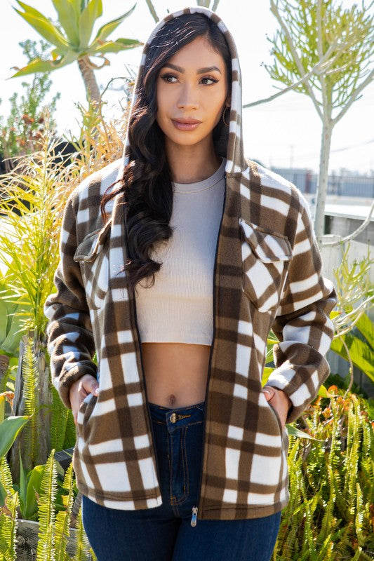 SHERPA LINED PLAID HOODED ZIP-UP JACKET