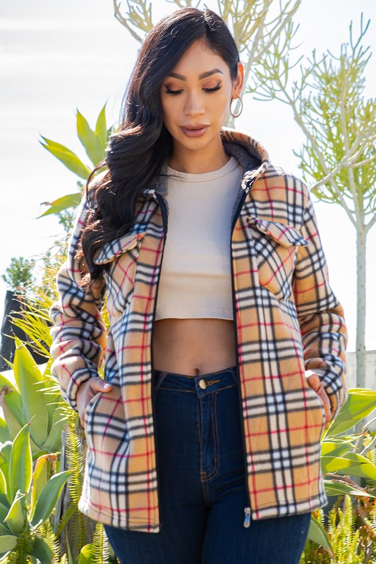 SHERPA LINED PLAID HOODED ZIP-UP JACKET