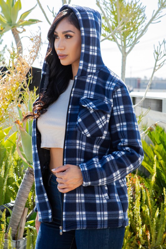 SHERPA LINED PLAID HOODED ZIP-UP JACKET