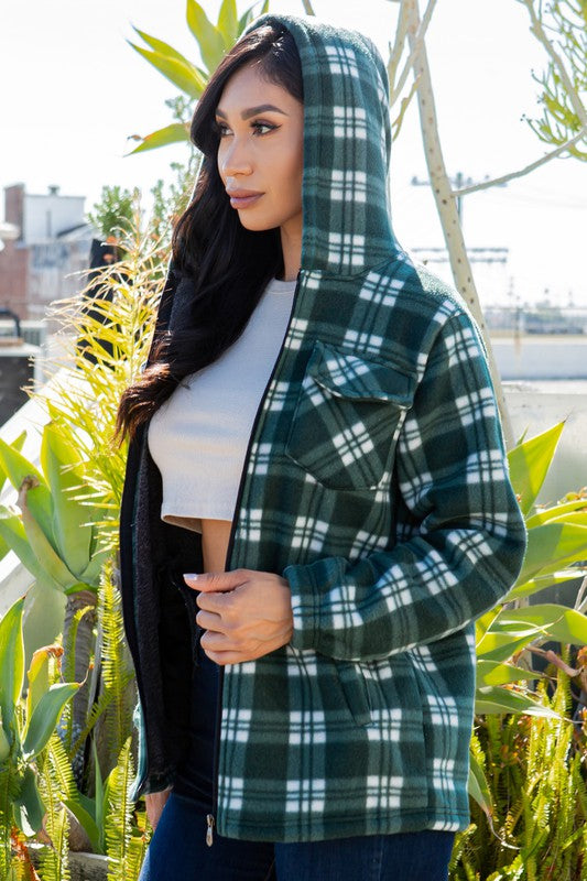 SHERPA LINED PLAID HOODED ZIP-UP JACKET